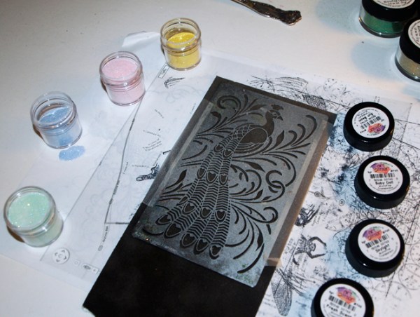 Stencil, Glitter, Spray Glue Technique by Emily M. Miller