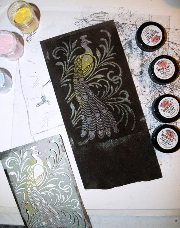 Stencil, Glitter, Spray Glue Technique by Emily M. Miller