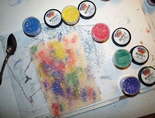 Stencil, Glitter, Spray Glue Technique by Emily M. Miller